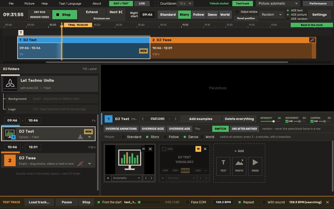 The VisualDJ window: the night on a timeline, DJ folders on the left, the live picture and media on the right